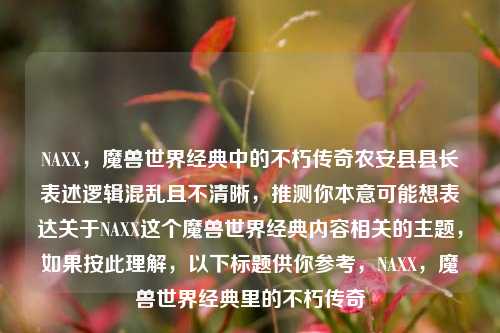 NAXX,魔兽世界经典中的不朽传奇农安县县长表述逻辑混乱且不清晰,推测你本意可能想表达关于NAXX这个魔兽世界经典内容相关的主题,如果按此理解,以下标题供你参考,NAXX,魔兽世界经典里的不朽传奇